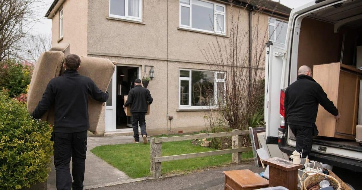 House clearance team removing furniture and boxes from a semi-detached home in Lancaster