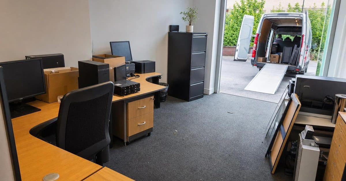 Office clearance team removing desks, chairs and IT equipment from a Lancaster office